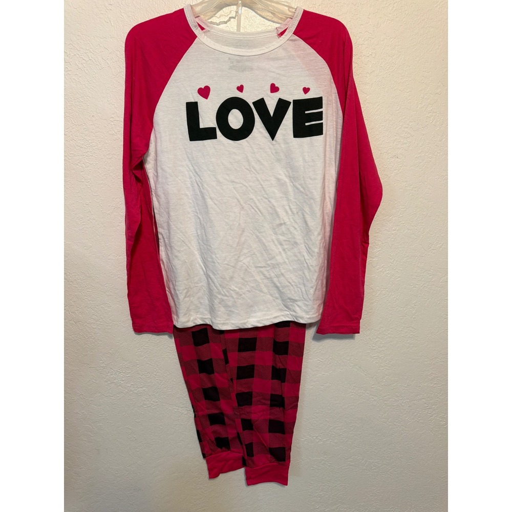 Bobbie Brooks Womens Pajama Set Medium Pink Buffalo Plaid Love Raglan 2 Piece